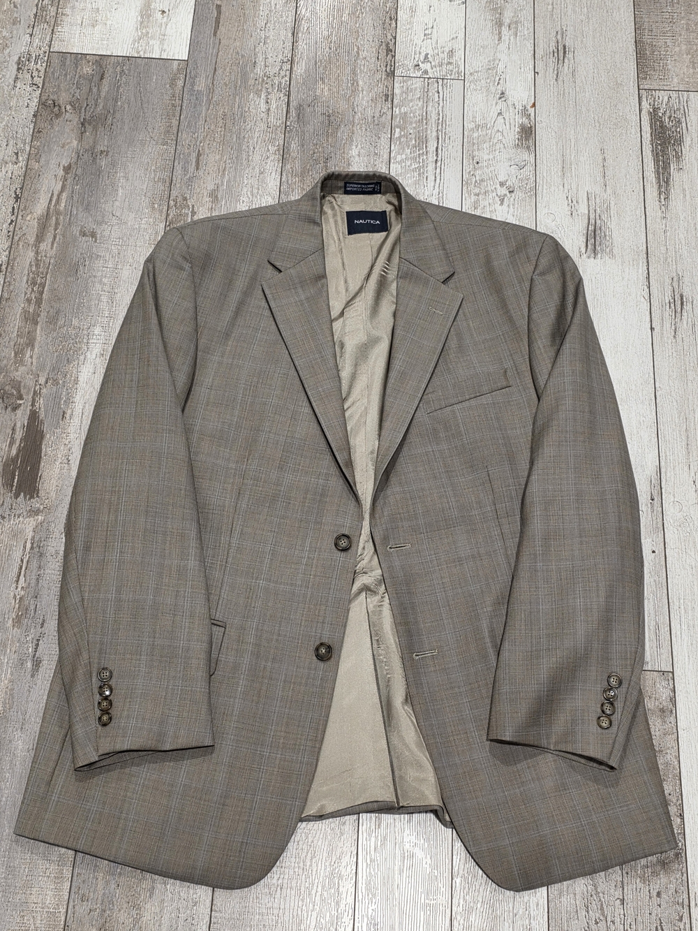 44R Men's Nautica Blazer Gray Beige Tartan 100% Wool 2 Button Sport Coat